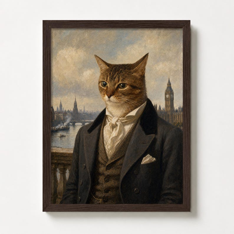 Op de afbeelding: Een ingelijste print met een kat in een formeel pak, met een stadsgezicht op de achtergrond, inclusief een rivier en gebouwen. De kat draagt een donker pak, vest en een witte cravat. De lijst is donkerbruin.