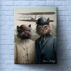 May include: Two cats dressed in vintage clothing, wearing hats, and standing in front of a vintage aeroplane. The cat on the left is wearing a brown hat and a tan suit. The cat on the right is wearing a black hat and a blue suit. The text "Van Woof" is at the bottom of the image.