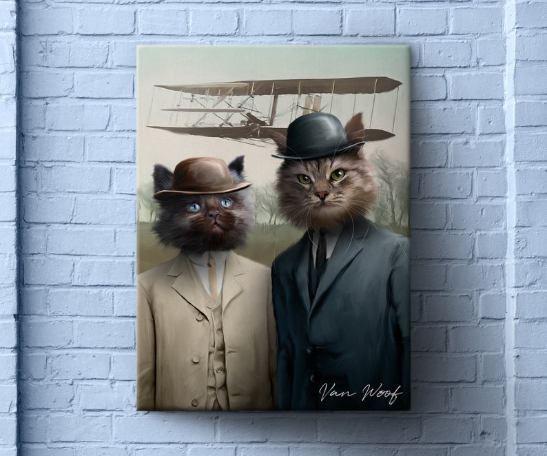 May include: Two cats dressed in vintage clothing, wearing hats, and standing in front of a vintage aeroplane. The cat on the left is wearing a brown hat and a tan suit. The cat on the right is wearing a black hat and a blue suit. The text "Van Woof" is at the bottom of the image.