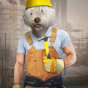 May include: A white dog wearing a yellow hard hat and overalls holds a yellow hammer. The dog is standing in front of a construction site.