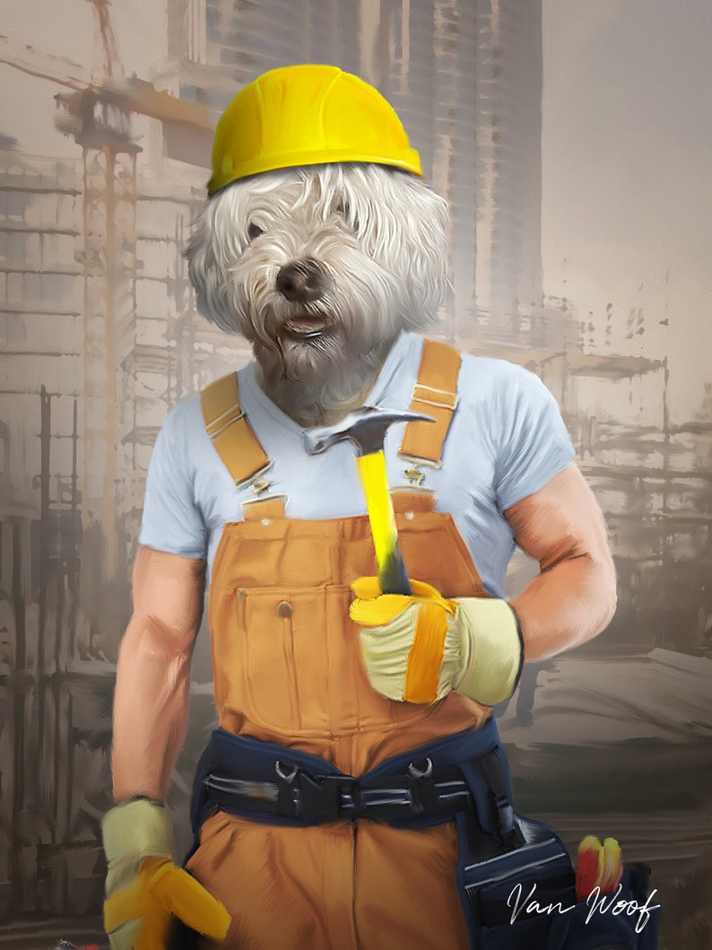 May include: A white dog wearing a yellow hard hat and overalls holds a yellow hammer. The dog is standing in front of a construction site.