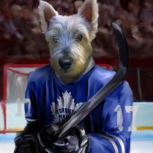 May include: A digital painting of a dog wearing a Toronto Maple Leafs hockey jersey with the number 17. The dog is holding a hockey stick and wearing black gloves. The jersey has a white maple leaf logo and the words "Toronto Maple Leafs".