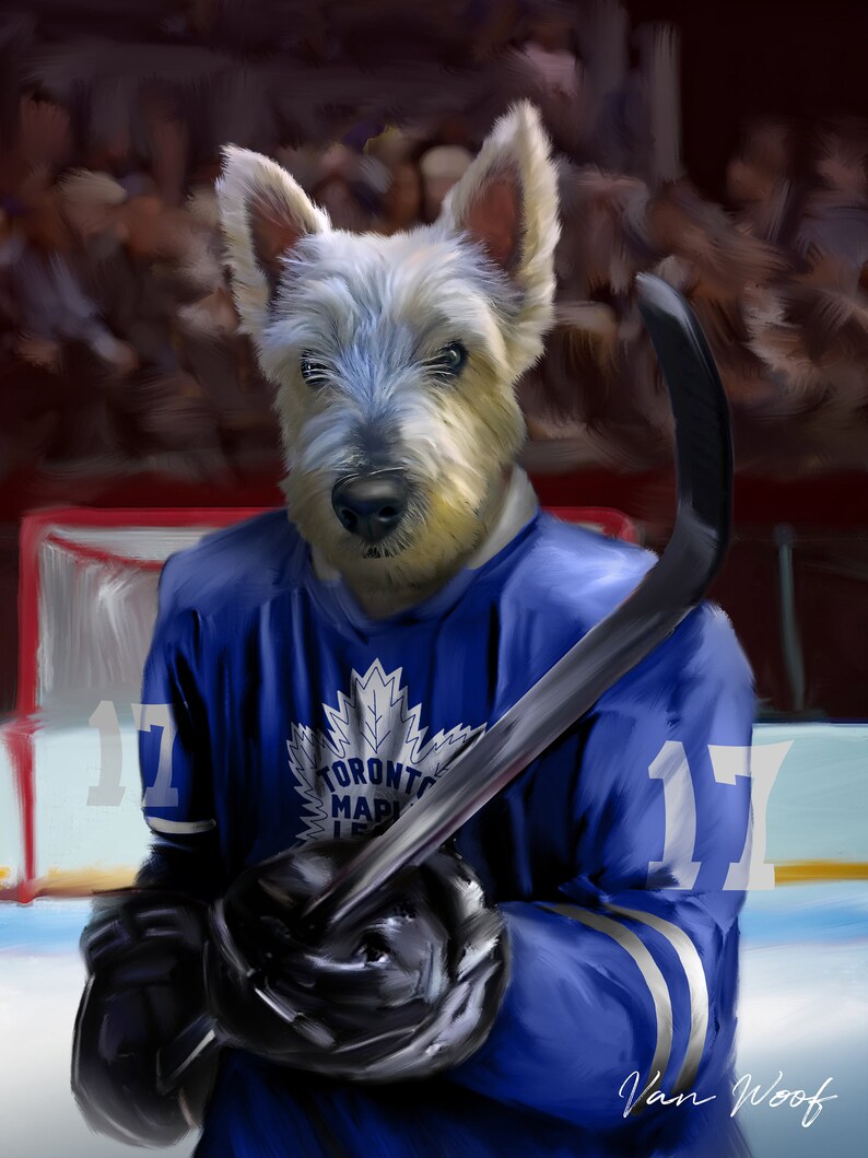 May include: A digital painting of a dog wearing a Toronto Maple Leafs hockey jersey with the number 17. The dog is holding a hockey stick and wearing black gloves. The jersey has a white maple leaf logo and the words "Toronto Maple Leafs".