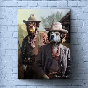 Cowboys, Custom Dog Portrait, Western Cowboy, 2 Pet Portrait, Two Pets Portrait, Funny Pet Lover Gift