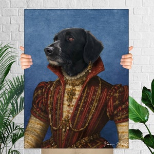 Mujer real, retrato de perro femenino personalizado, retrato de mascota de niña, pintura renacentista, regalo divertido amante de las mascotas, retrato de perro princesa reina