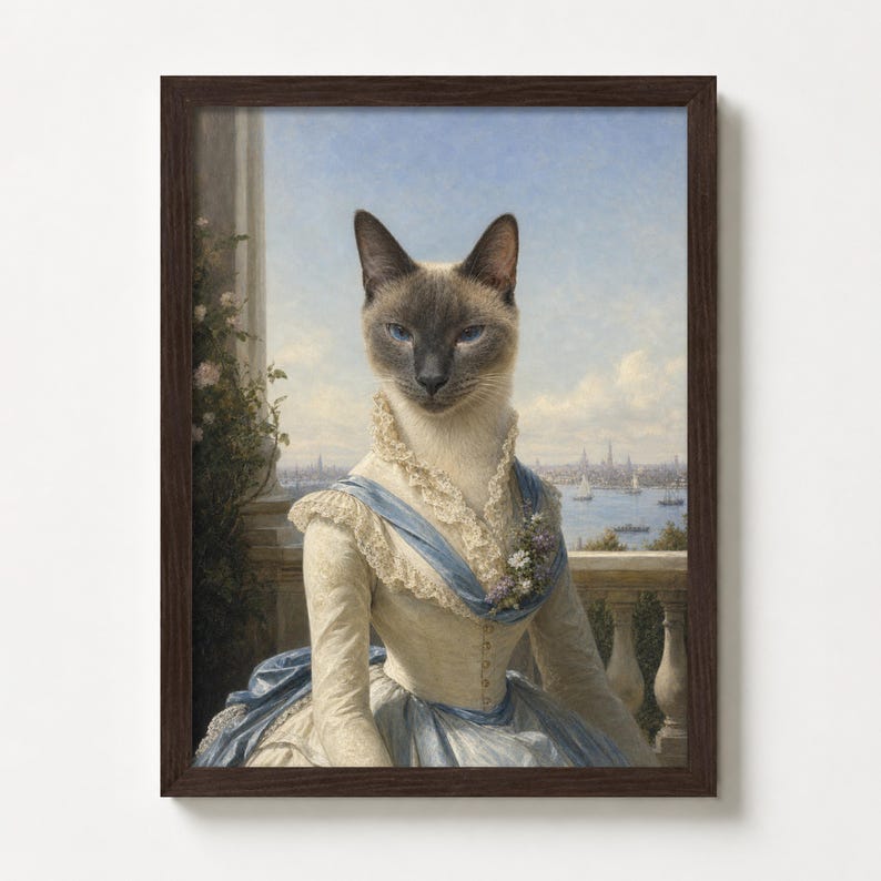 May include: Framed artwork featuring a Siamese cat in a vintage dress, set against a scenic backdrop. The cat is the focal point, wearing a cream-colored dress with blue accents. The background shows a cityscape and water, framed in a dark brown wooden frame.