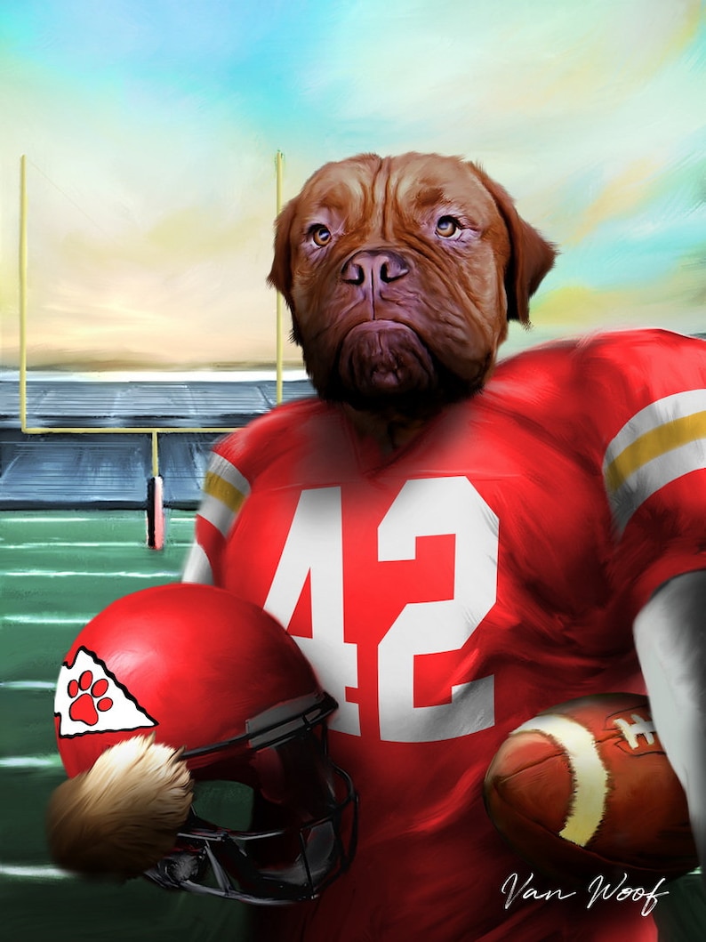 Puede incluir: Un perro marr&oacute;n y blanco con una camiseta de f&uacute;tbol roja y blanca con el n&uacute;mero 42 en el frente. El perro sostiene un casco de f&uacute;tbol rojo con una huella de pata en el lateral y un bal&oacute;n de f&uacute;tbol marr&oacute;n en la otra pata. El perro est&aacute; de pie en un campo verde con una porter&iacute;a de f&uacute;tbol en el fondo.