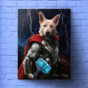 Thunder God, Custom Dog Portrait, Superhero Dog Pet Portrait Art, Pet Portrait Avengers, Funny Pet Lover Gift, Animal Art, Asgard