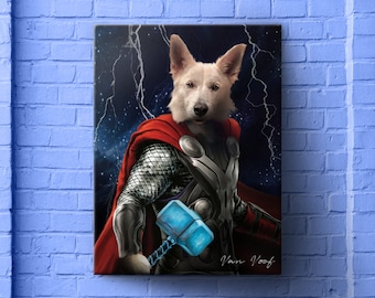 Thunder God, Custom Dog Portrait, Superhero Dog Pet Portrait Art, Pet Portrait Avengers, Funny Pet Lover Gift, Animal Art, Asgard