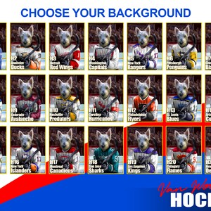 May include: A collection of hockey-themed graphics featuring a Scottish Terrier dog wearing various NHL team jerseys. The image includes text that reads "CHOOSE YOUR BACKGROUND" and lists team names like Maple Leafs, Ducks, and Rangers. The bottom text reads "Van Woof Hockey".