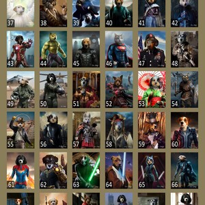 May include: A grid of 72 images featuring different backgrounds for pet portraits. Each image shows a dog in a different costume or setting, such as a pirate, a superhero, or a historical figure. The images are numbered from 37 to 72.