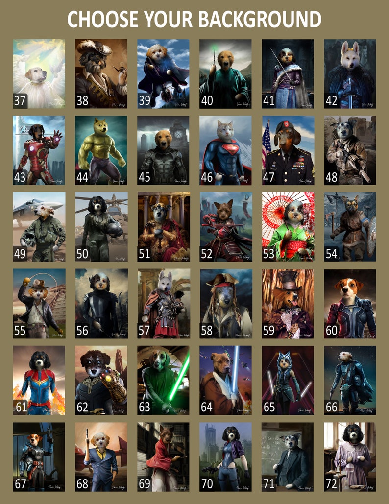 May include: A grid of 72 images featuring different backgrounds for pet portraits. Each image shows a dog in a different costume or setting, such as a pirate, a superhero, or a historical figure. The images are numbered from 37 to 72.