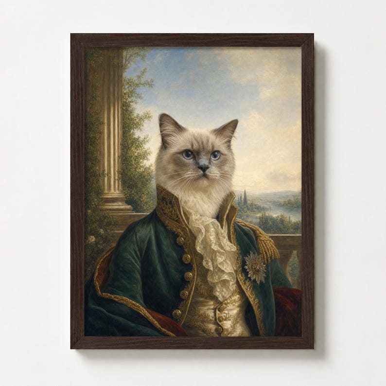 Koninklijk kattenportret van foto, aangepast renaissance huisdier schilderij cadeau afbeelding 1