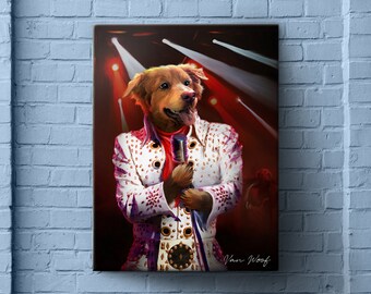 Singer Pet Painting, Elvis Pet Art, Pet Portrait, Pet Painting, Custom Pet Portrait, Personalized Pet Portrait, Funny Pet Lover Gift