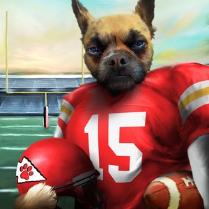 Puede incluir: Un perro marr&oacute;n y beige con una camiseta de f&uacute;tbol roja y dorada con el n&uacute;mero 15. El perro sostiene un casco de f&uacute;tbol rojo con un logotipo de huella de pata y un bal&oacute;n de f&uacute;tbol marr&oacute;n.