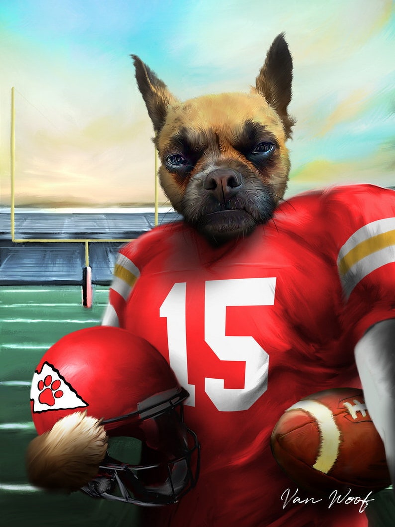 Puede incluir: Un perro marr&oacute;n y beige con una camiseta de f&uacute;tbol roja y dorada con el n&uacute;mero 15. El perro sostiene un casco de f&uacute;tbol rojo con un logotipo de huella de pata y un bal&oacute;n de f&uacute;tbol marr&oacute;n.