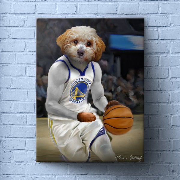 San Francisco Warriors Basketball Team Pet Portrait, Basketball Fan Gift Art, Portrait de chien personnalisé, Funny Pet Lover Gift, NBA Team