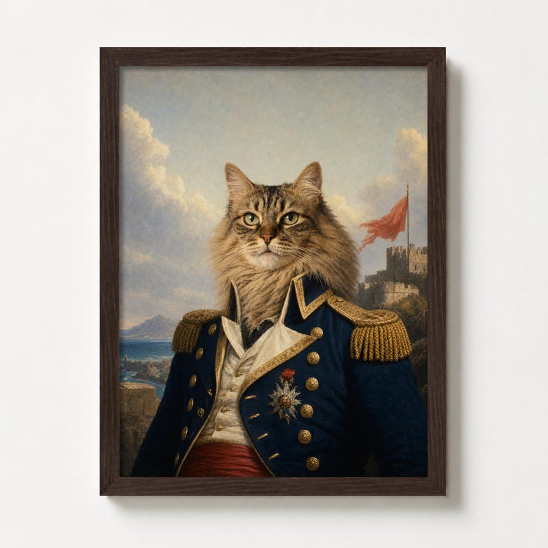 May include: Framed print featuring a cat in a military uniform, set against a landscape with a castle and a red flag. The cat has long, brown fur and is wearing a blue coat with gold accents and epaulettes.