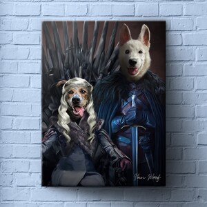 May include: Two dogs dressed as characters from the TV show Game of Thrones. A white dog is dressed as Jon Snow, holding a sword and wearing a blue cloak. A brown and white dog is dressed as Daenerys Targaryen, wearing a long blonde wig and a black cloak. The dogs are sitting on the Iron Throne.