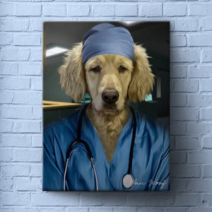 May include: A golden retriever dog wearing a blue surgical scrub top and a blue surgical cap. The dog is wearing a stethoscope around its neck. The dog has a serious expression on its face. The text "Van Woof" is written in the bottom right corner of the image.