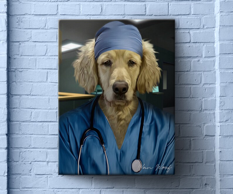 May include: A golden retriever dog wearing a blue surgical scrub top and a blue surgical cap. The dog is wearing a stethoscope around its neck. The dog has a serious expression on its face. The text "Van Woof" is written in the bottom right corner of the image.