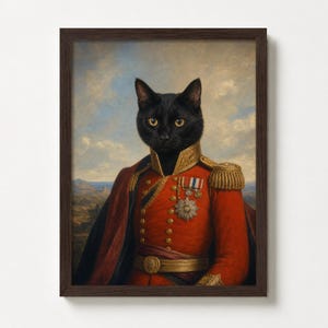 Op de afbeelding: Een ingelijst portret van een zwarte kat in een rood militair uniform met gouden details, medailles en epauletten. De kat heeft gele ogen, tegen een achtergrond van een landschap met een bewolkte lucht.