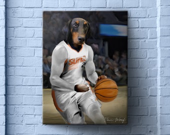 Phoenix Basketball Team Pet Portrait, Basketball Fan Gift Art, Custom Dog Portrait, Funny Pet Lover Gift, NBA Team