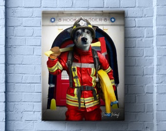 Firefighter Pet Painting Portrait, Funny Custom Art
