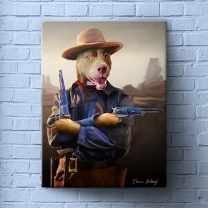 Pistolero, portrait d'animal de compagnie personnalisé, cadeau drôle pour amoureux des animaux de compagnie, western, cow-boy, portrait d'art de chien personnalisé, cadeau d'art pour animaux de compagnie d'anniversaire d'anniversaire