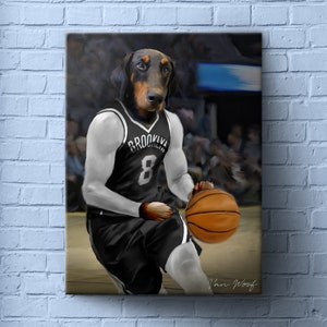 Brooklyn Basketball Team Pet Portrait, Basketball Fan Gift Art, Custom Dog Portrait, Funny Pet Lover Gift, NBA Team