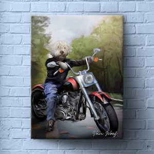Biker, Custom Pet Portrait, Dog Art, Motor, Driver, Pet Art, Pet Painting, Cat Dog Portrait, Personalized Pet Portrait