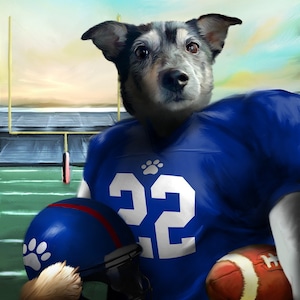 Puede incluir: Un perro negro y gris con una camiseta de f&uacute;tbol azul con el n&uacute;mero 22 y una huella de pata. El perro sostiene un casco de f&uacute;tbol azul y un bal&oacute;n de f&uacute;tbol marr&oacute;n. El fondo es un campo verde con una porter&iacute;a de f&uacute;tbol.