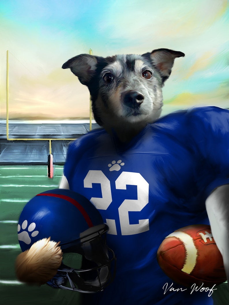 Puede incluir: Un perro negro y gris con una camiseta de f&uacute;tbol azul con el n&uacute;mero 22 y una huella de pata. El perro sostiene un casco de f&uacute;tbol azul y un bal&oacute;n de f&uacute;tbol marr&oacute;n. El fondo es un campo verde con una porter&iacute;a de f&uacute;tbol.