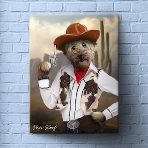 Cowgirl, portrait d'animal de compagnie personnalisé, cadeau drôle pour amoureux des animaux de compagnie, western, cowboy, portrait d'art de chien personnalisé, cadeau d'art pour animaux de compagnie d'anniversaire d'anniversaire