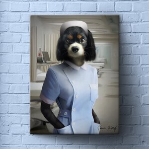 May include: A black and white dog wearing a blue nurse's uniform and a white nurse's cap. The dog is standing in a hospital hallway. The image is signed "Paw Wolf".