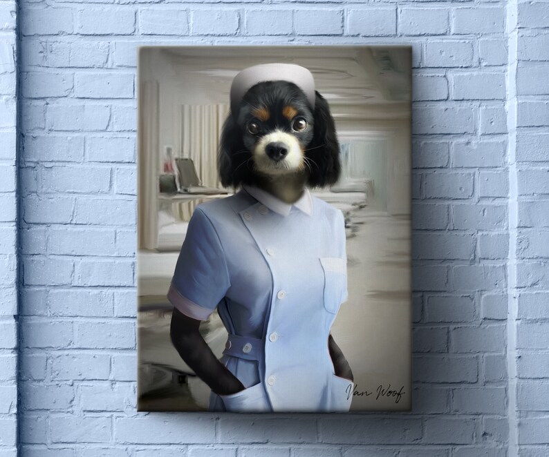 May include: A black and white dog wearing a blue nurse's uniform and a white nurse's cap. The dog is standing in a hospital hallway. The image is signed "Paw Wolf".