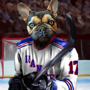May include: A digital painting of a French Bulldog wearing a New York Rangers hockey jersey with the number 17. The dog is holding a hockey stick and is set against a blurred hockey rink background.
