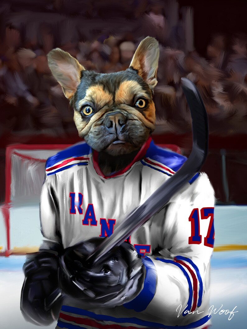 May include: A digital painting of a French Bulldog wearing a New York Rangers hockey jersey with the number 17. The dog is holding a hockey stick and is set against a blurred hockey rink background.