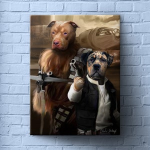 May include: A digital painting of two dogs dressed as characters from Star Wars. The dog on the left is dressed as Chewbacca, with brown fur and a bandolier. The dog on the right is dressed as Han Solo, with a black vest and a blaster in his hand.