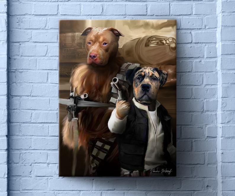 May include: A digital painting of two dogs dressed as characters from Star Wars. The dog on the left is dressed as Chewbacca, with brown fur and a bandolier. The dog on the right is dressed as Han Solo, with a black vest and a blaster in his hand.
