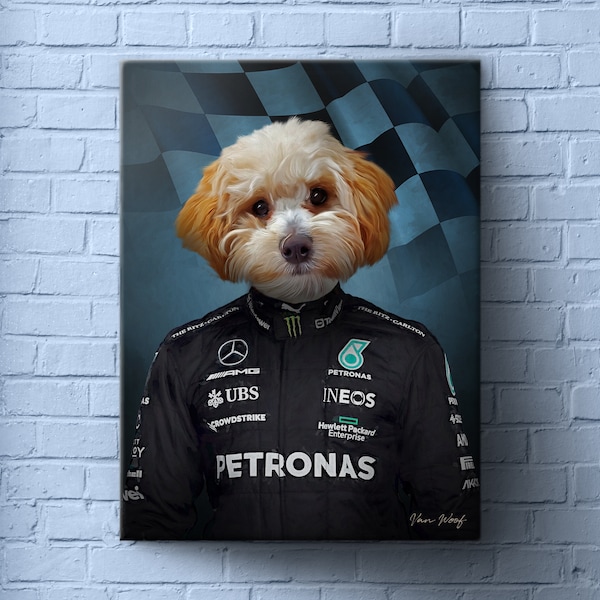 Mercydes, Formula Racing Car, Funny Pet Lover Gift,  F1 Driver Team Pet Portrait, Custom Dog Portrait, Formula 1 Fan Gift Art