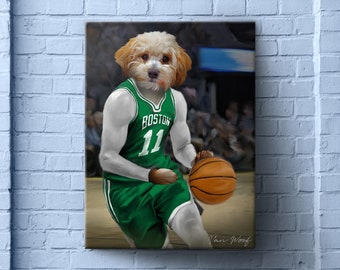 Boston Basketball Team Pet Portrait, NBA Team, Basketball Fan Gift Art, Custom Portrait, Funny Pet Lover Gift