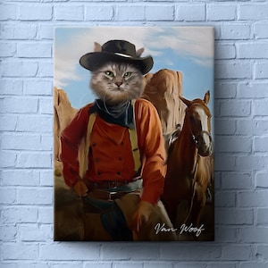 Cowboy, portrait d'animal de compagnie personnalisé, cadeau drôle pour amoureux des animaux de compagnie, western, cow-girl, portrait d'art de chien personnalisé, cadeau d'art pour animaux de compagnie d'anniversaire d'anniversaire