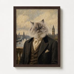 May include: Framed artwork featuring a Persian cat in formal attire, set against a backdrop of a cityscape with a prominent clock tower. The cat wears a dark suit, vest, and cravat, creating a whimsical portrait.