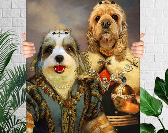 Royal Renaissance Two Pet Portrait from Photo, Custom Dog Painting Gift