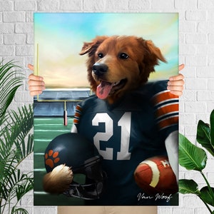 Chicago Football Team Pet Portrait, American Football Fan Gift Art, Custom Dog Portrait, Funny Pet Lover Gift