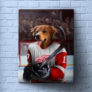 Portret zwierzaka hokeja w Detroit, Zwierzak sportowy, Drużyna NHL, Prezent dla fana hokeja, Sztuka, Portret na zamówienie, Zabawny prezent dla miłośnika zwierząt,
