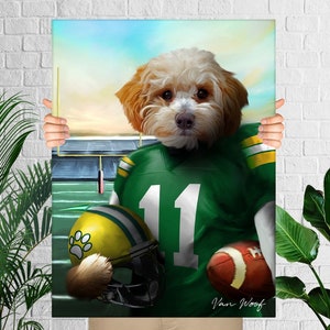 Green Bay Football Team Pet Portrait, American Football Fan Gift Art, Custom Dog Portrait, Funny Pet Lover Gift
