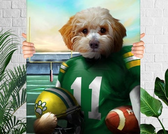 Green Bay Football Team Pet Portrait, American Football Fan Gift Art, Custom Dog Portrait, Funny Pet Lover Gift