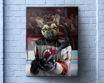 May include: A French Bulldog wearing a hockey jersey with a red, white, and black design. The dog is holding a hockey stick and is looking directly at the camera. The background is a blurred image of a hockey arena.
